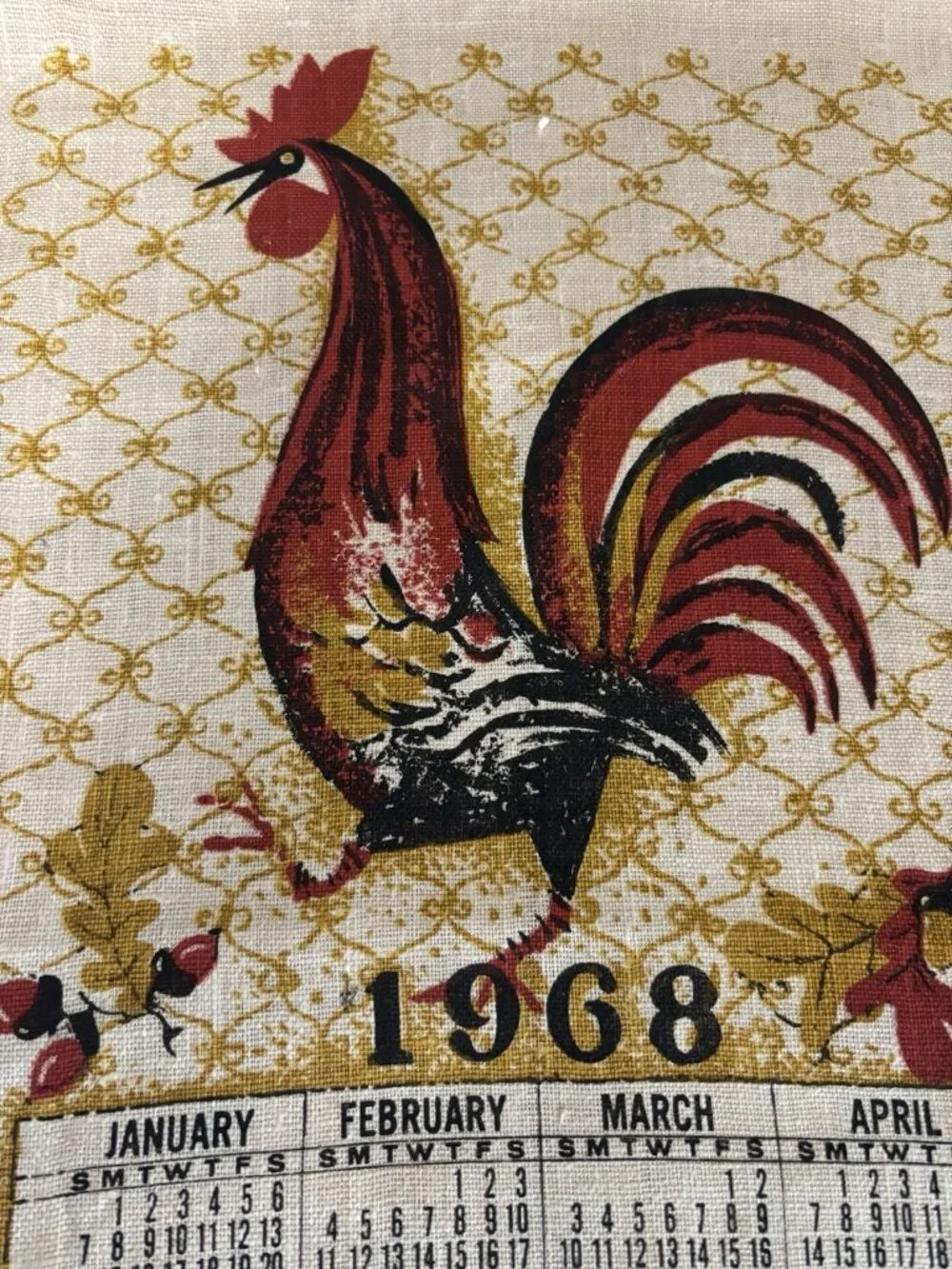 1968 Vintage MCM Linen Calendar Tea Towel Wall Hanging ROOSTER Chicken